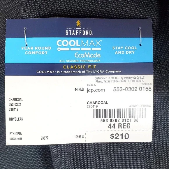 JCP Stafford Suit Coat Jacket Charcoal 44 REG Classic Fit Coolmax All Season NWT